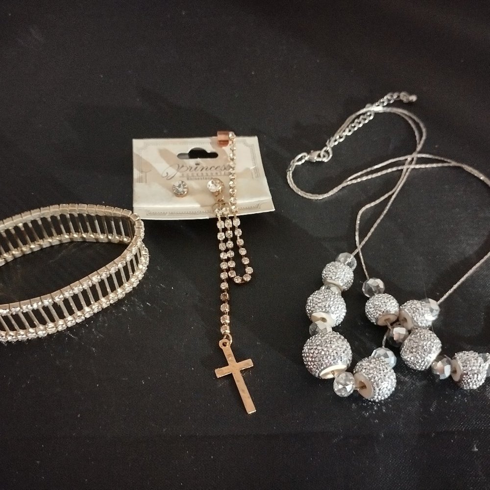 Vintage Rhinestone Jewelry Set, Necklace, Bracelet, Earrings, Disco Balls